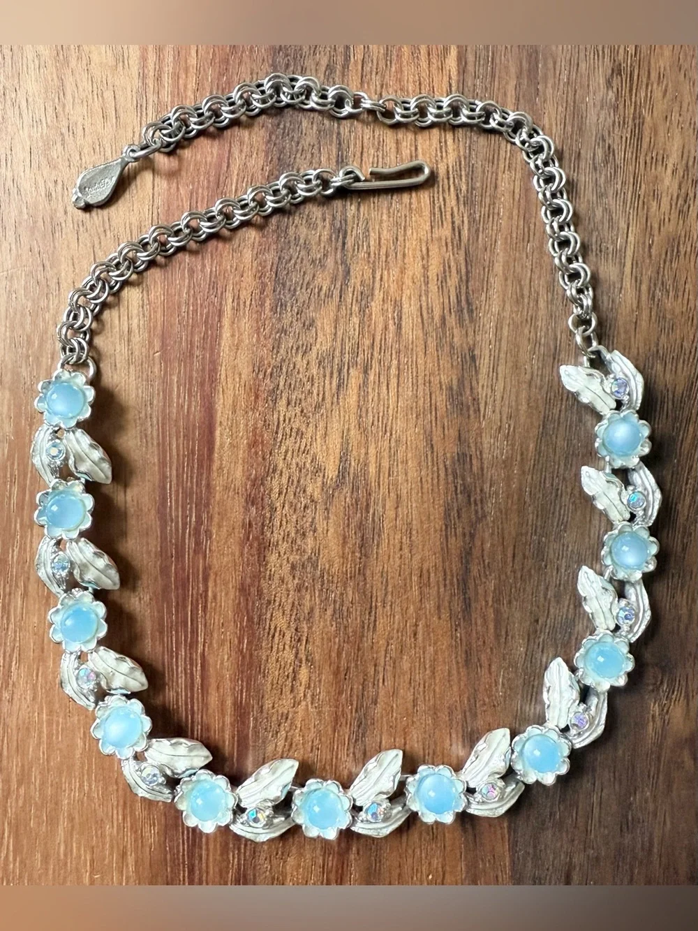 Vintage Judy Lee Choker Necklace Silver Tone Blue Moonstone And Rhinestone